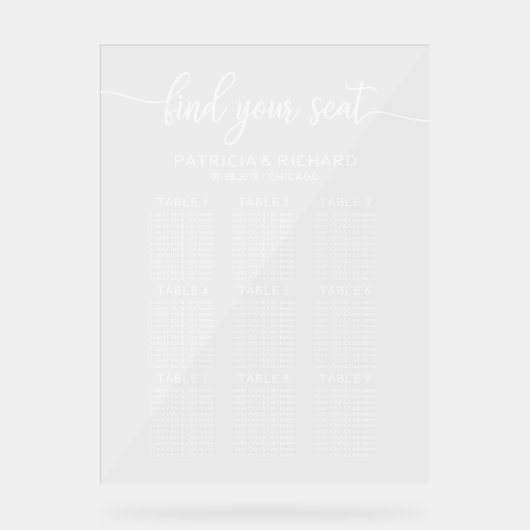 9 Tafels Elegant Bruiloft Zitschema Acryl Bord (Voorkant)