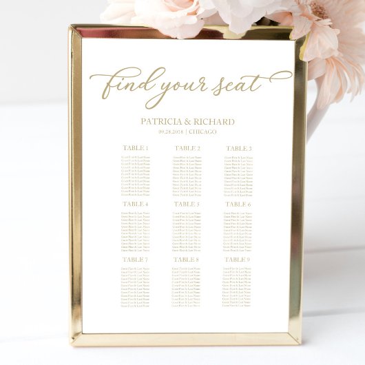 9 Tafels Trouwstoelindeling Chic Gouden Schrift Poster