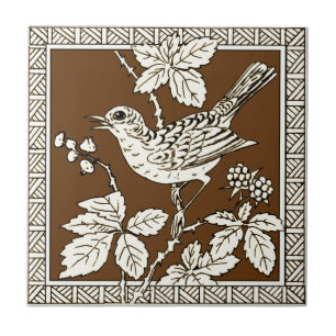 #9 van 12 Repro 1880s Minton Mocha Bird Series Tegeltje