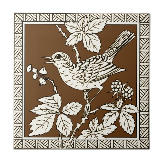 #9 van 12 Repro 1880s Minton Mocha Bird Series Tegeltje (Voorkant)