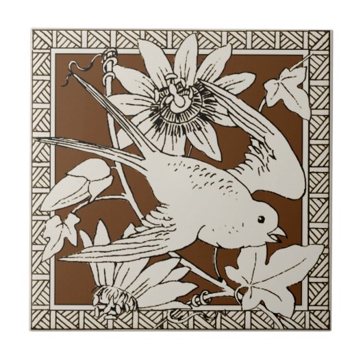 #9 van 12 Repro 1880s Minton Mocha Bird Series Tegeltje (Voorkant)