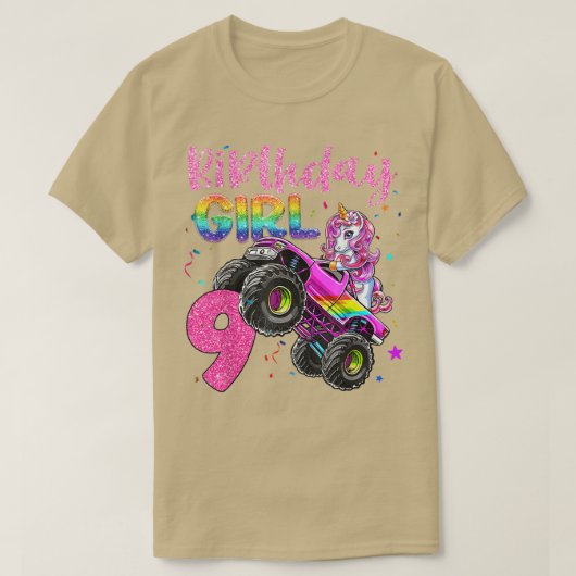 9de Unicorn Monster Truck Birthday Girls Racing Lo T-shirt (Design voorkant)