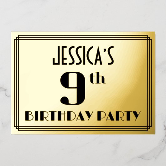 9de verjaardag: Art Deco Kijk "9" en naam Folie Uitnodiging (Voorkant)