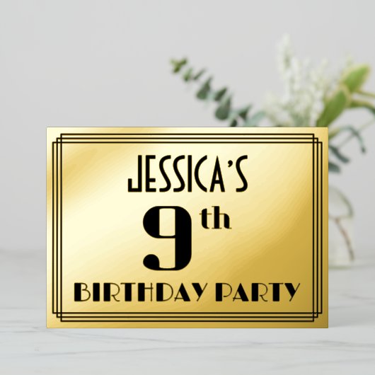 9de verjaardag: Art Deco Kijk "9" en naam Folie Uitnodiging (Staand Voorkant)