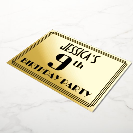 9de verjaardag: Art Deco Kijk "9" en naam Folie Uitnodiging (Gedraaid)