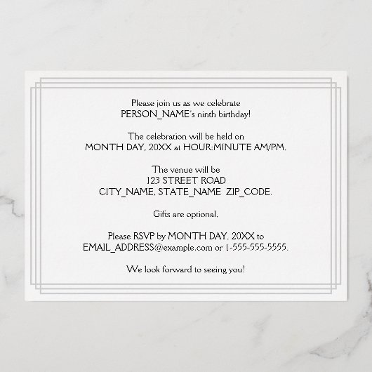 9de verjaardag: Art Deco Kijk "9" en naam Folie Uitnodiging (Achterkant)