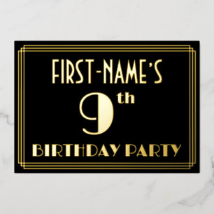 9de verjaardag: Art Deco Kijk "9", met naam Folie Uitnodiging