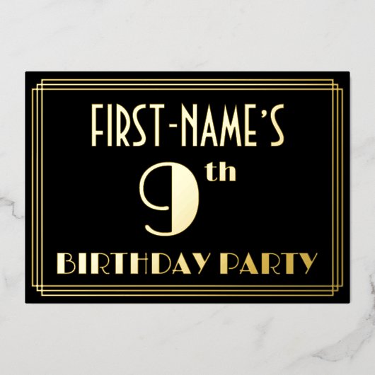 9de verjaardag: Art Deco Kijk "9", met naam Folie Uitnodiging (Voorkant)