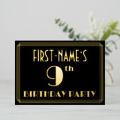 9de verjaardag: Art Deco Kijk "9", met naam Folie Uitnodiging (Staand Voorkant)