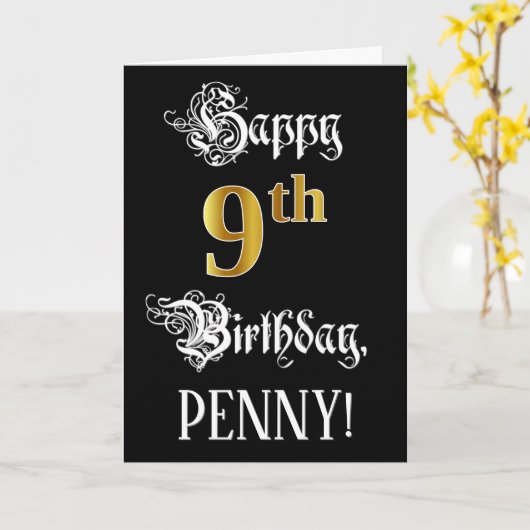 9de verjaardag — Fancy script; Faux Gold Kijk; naa Kaart (Gele Bloem)