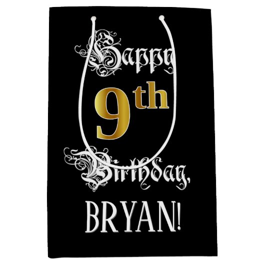 9de verjaardag ~ Fancy script; Faux Gold Kijk; naa Medium Cadeauzakje (Voorkant)