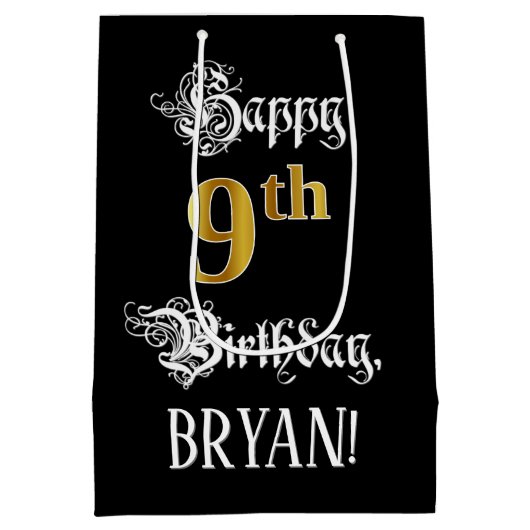 9de verjaardag ~ Fancy script; Faux Gold Kijk; naa Medium Cadeauzakje (Achterkant)