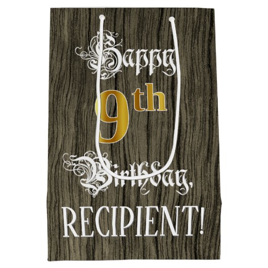 9de verjaardag: Faux Gold look & Faux Wood Pattern Medium Cadeauzakje (Achterkant)