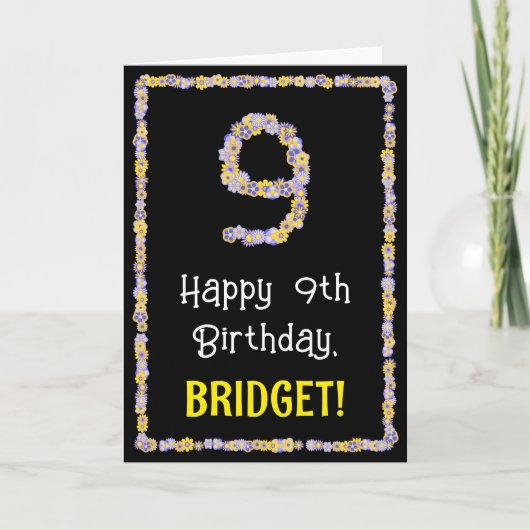 9de verjaardag: Floral Flowers Number, Custom Name Kaart (Voorkant)