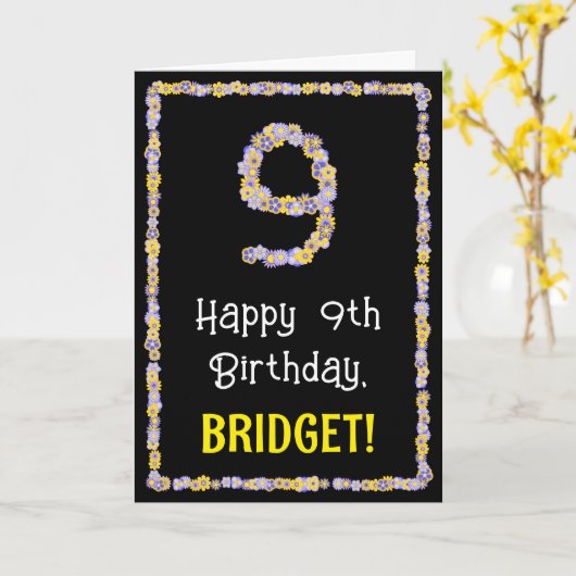 9de verjaardag: Floral Flowers Number, Custom Name Kaart (Gele Bloem)