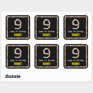 9de verjaardag: Floral Flowers Number, Custom Name Vierkante Sticker