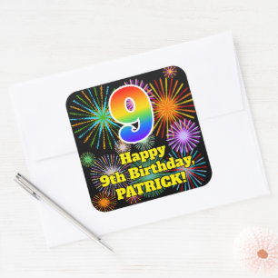 9de verjaardag: Fun Fireworks Kijk, regenboog # 9 Vierkante Sticker