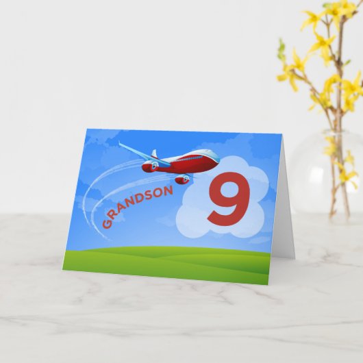 9de verjaardag, kleinzoon, rood vliegtuig kaart (Gele Bloem)