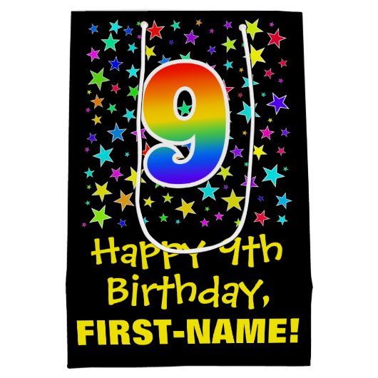 9de verjaardag: kleurrijk sterrenpatroon en regenb medium cadeauzakje (Achterkant)