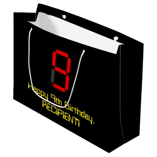 9de verjaardag: Red Digital Clock Style "9" + naam Groot Cadeauzakje (Voorkant Gekanteld)