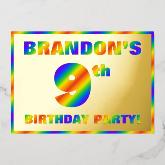 9de verjaardag van de geboorte — Fun, regenboogspe Folie Uitnodiging (Voorkant)