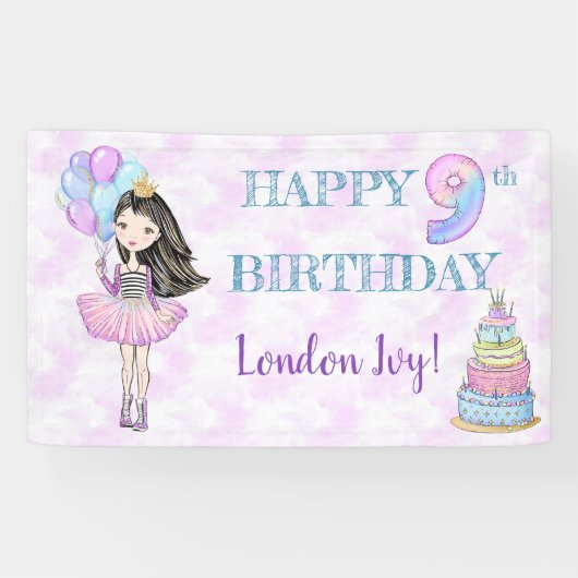 9de verjaardag van het meisje Princess Lavender Tu Spandoek (Horizontaal)