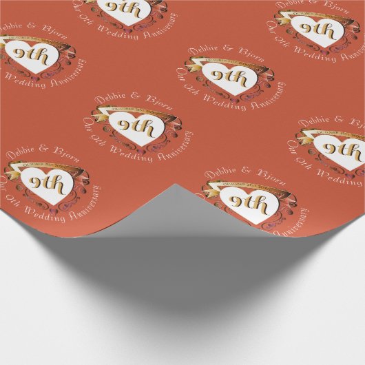 9e bruiloft Jubileum Terracotta Heart Medallion Cadeaupapier (Hoek)