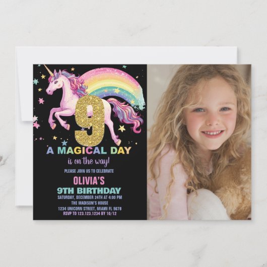 9e Eenhoorn Verjaardag Uitnodigingen Zwart met fot (Voorkant)