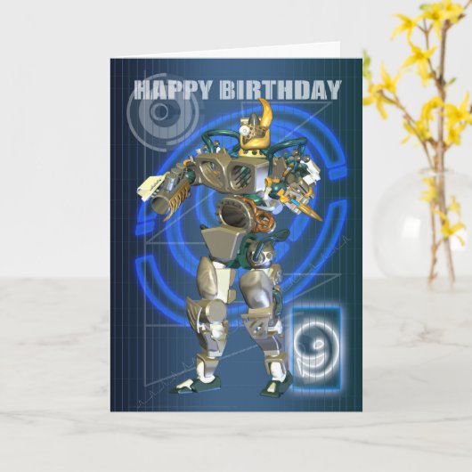 9e gelukkige verjaardag met robotkrijger kaart (Gele Bloem)