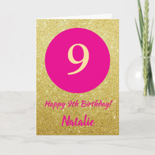 9e Happy Birthday Hot Pink en Gold Glitter Kaart