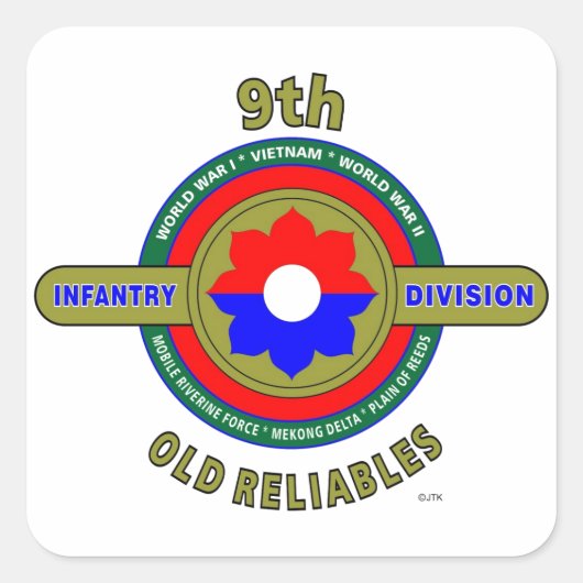 9E INFANTERIEDIVISIE "OUDE BETROUWBAARHEDEN" VIERKANTE STICKER (Voorkant)