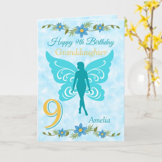 9e kleindochter Blue Fairy Verjaardag Kaart (Gele Bloem)