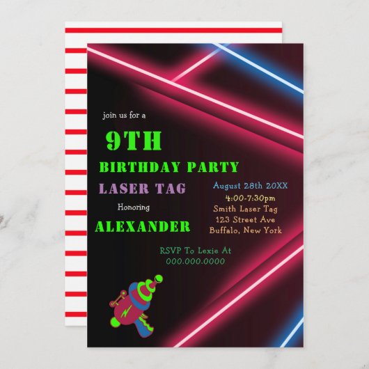 9e Neon Birthday Laser Label Party-uitnodigingen (Voorkant / Achterkant)