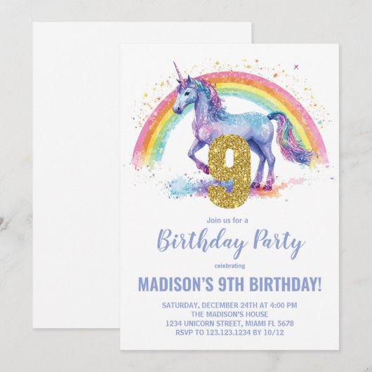 9e Rainbow Unicorn Verjaardag Uitnodigingen (Voorkant / Achterkant)