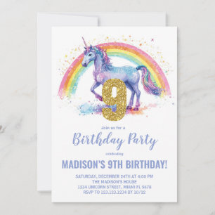 9e Rainbow Unicorn Verjaardag Uitnodigingen