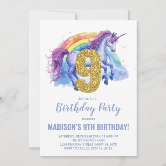 9e Rainbow Unicorn Verjaardag Uitnodigingen (Voorkant)