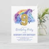 9e Rainbow Unicorn Verjaardag Uitnodigingen (Staand voorkant)