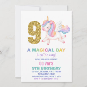 9e Rainbow Unicorn Verjaardag Uitnodigingen