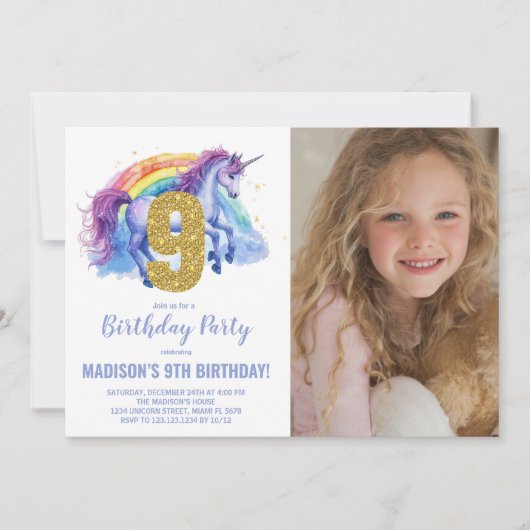 9e Rainbow Unicorn Verjaardag Uitnodigingen foto (Voorkant)