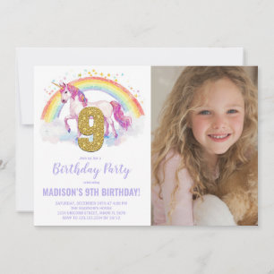 9e Rainbow Unicorn Verjaardag Uitnodigingen foto
