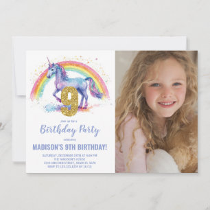 9e Rainbow Unicorn Verjaardag Uitnodigingen foto