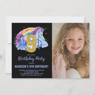 9e Rainbow Unicorn Verjaardag Uitnodigingen foto