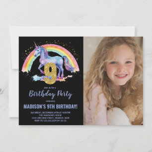 9e Rainbow Unicorn Verjaardag Uitnodigingen foto