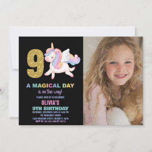 9e Rainbow Unicorn Verjaardag Uitnodigingen foto
