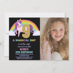 9e Rainbow Unicorn Verjaardag Uitnodigingen foto