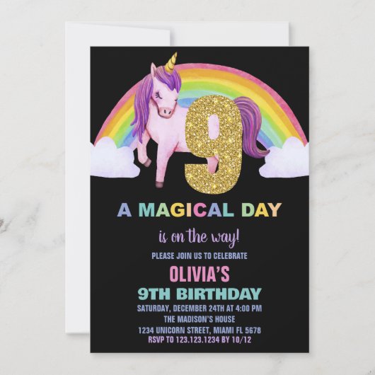 9e Rainbow Unicorn Verjaardag Uitnodigingen Glitte (Voorkant)