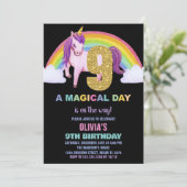 9e Rainbow Unicorn Verjaardag Uitnodigingen Glitte (Staand voorkant)