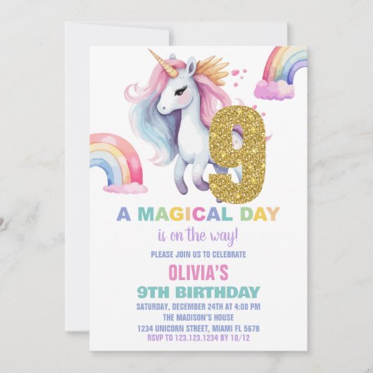 9e Rainbow Unicorn Verjaardag Uitnodigingen Glitte (Voorkant)
