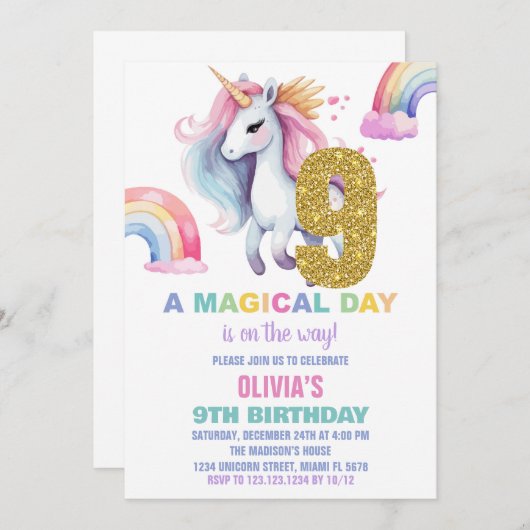 9e Rainbow Unicorn Verjaardag Uitnodigingen Glitte (Voorkant / Achterkant)