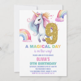 9e Rainbow Unicorn Verjaardag Uitnodigingen Glitte
